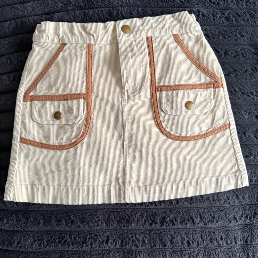Cream Corduroy Mini Skirt with Tan Contrast Trim